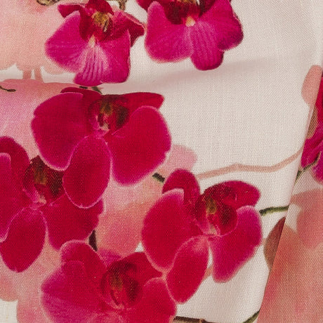 Tilted Pink Orchids and Lily White Printed Stretch Linen and Rayon Woven