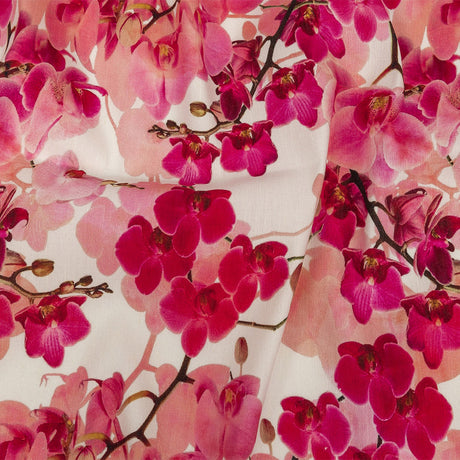 Tilted Pink Orchids and Lily White Printed Stretch Linen and Rayon Woven