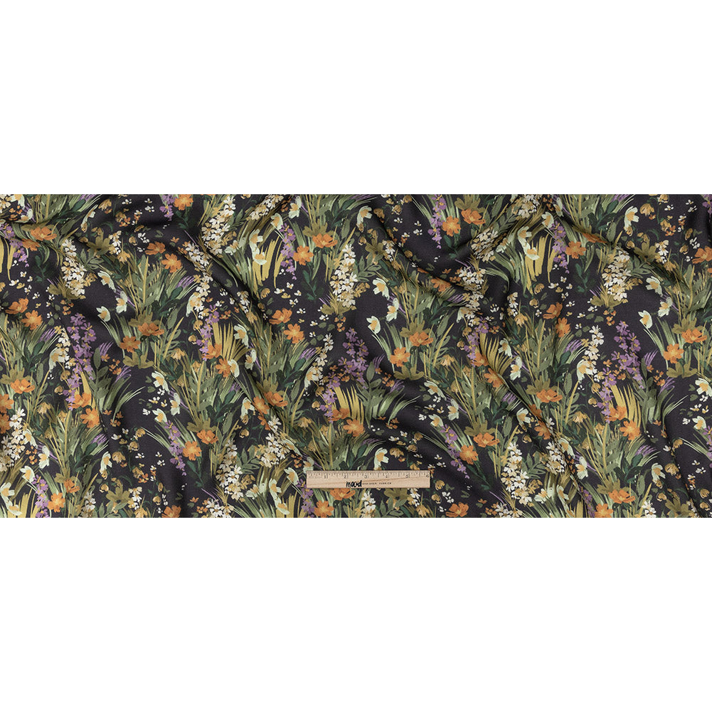 Viscose and Linen Twill Print - Muted Black and Green Flowers and Grass - Mood Exclusive Prairie Spring