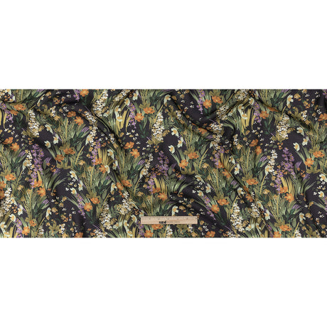 Viscose and Linen Twill Print - Muted Black and Green Flowers and Grass - Mood Exclusive Prairie Spring