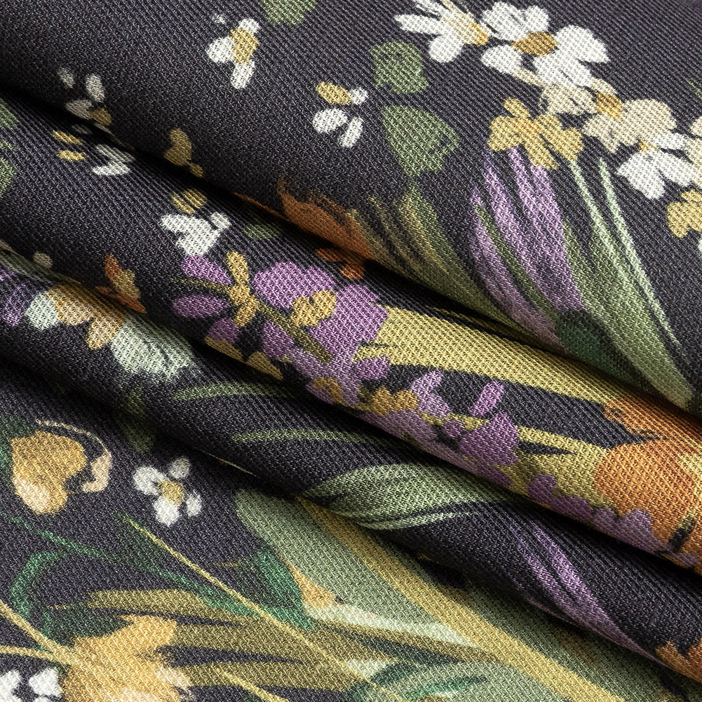 Viscose and Linen Twill Print - Muted Black and Green Flowers and Grass - Mood Exclusive Prairie Spring