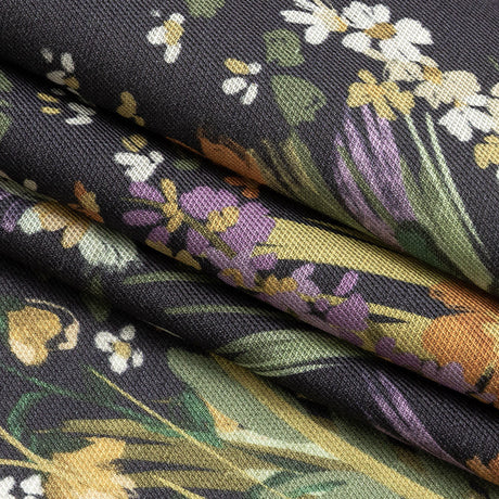 Viscose and Linen Twill Print - Muted Black and Green Flowers and Grass - Mood Exclusive Prairie Spring