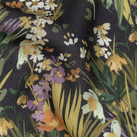 Viscose and Linen Twill Print - Muted Black and Green Flowers and Grass - Mood Exclusive Prairie Spring