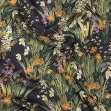Viscose and Linen Twill Print - Muted Black and Green Flowers and Grass - Mood Exclusive Prairie Spring