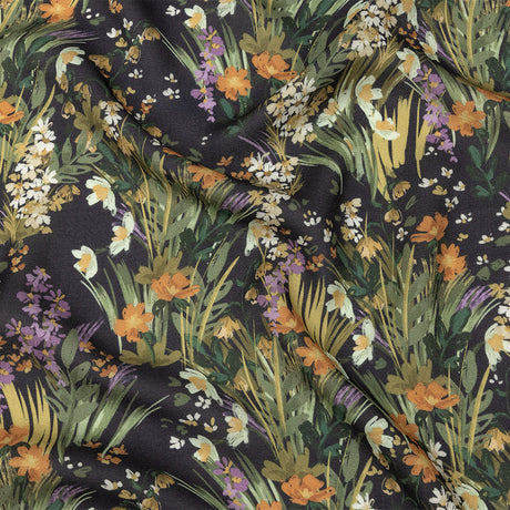 Viscose and Linen Twill Print - Muted Black and Green Flowers and Grass - Mood Exclusive Prairie Spring