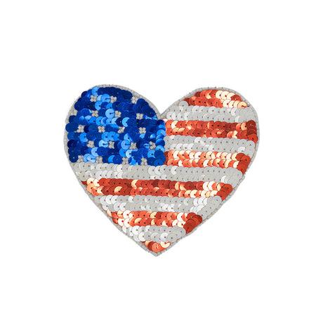 Vintage Small Heart-Shaped American Flag Beaded and Sequins Applique