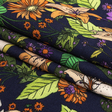 Rayon Batiste Print - Navy, Orange and Green Floral - Mood Exclusive Navy Lifeline Lilies