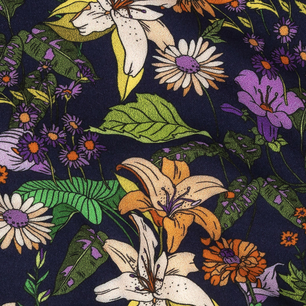 Rayon Batiste Print - Navy, Orange and Green Floral - Mood Exclusive Navy Lifeline Lilies