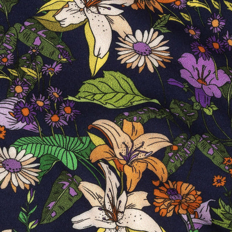 Rayon Batiste Print - Navy, Orange and Green Floral - Mood Exclusive Navy Lifeline Lilies