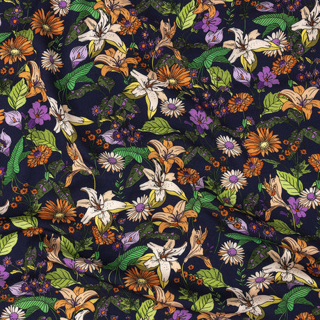 Rayon Batiste Print - Navy, Orange and Green Floral - Mood Exclusive Navy Lifeline Lilies