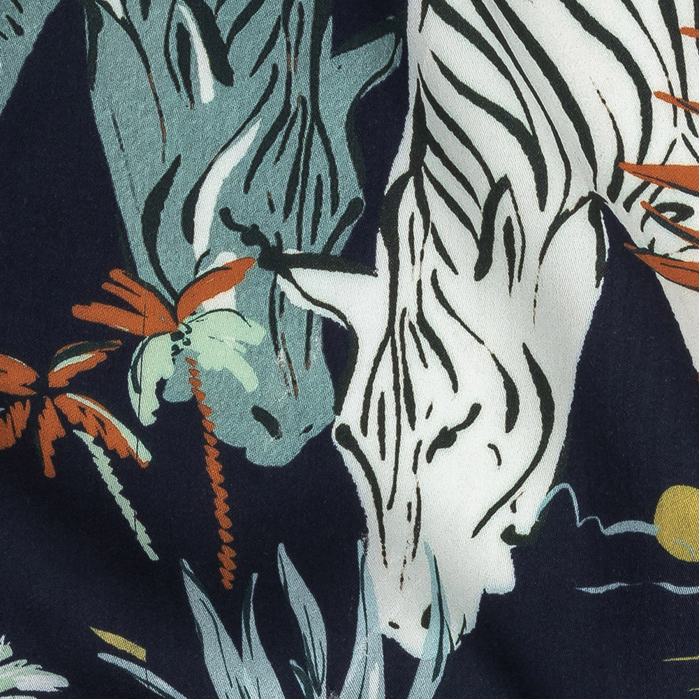 Rayon Batiste Print - Midnight, Green and White Zebras and Brids - Mood Exclusive Navy Birds of Play