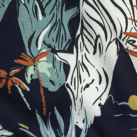 Rayon Batiste Print - Midnight, Green and White Zebras and Brids - Mood Exclusive Navy Birds of Play