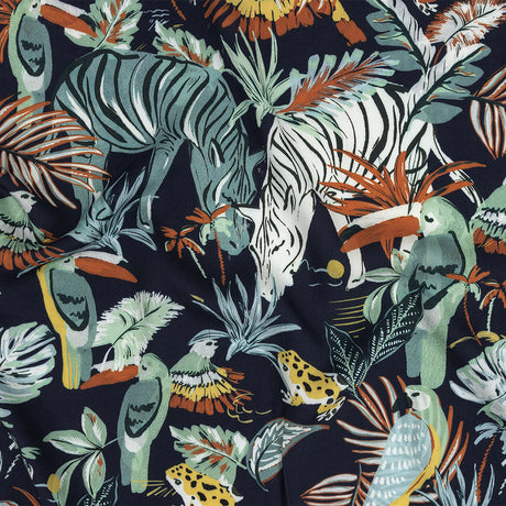 Rayon Batiste Print - Midnight, Green and White Zebras and Brids - Mood Exclusive Navy Birds of Play