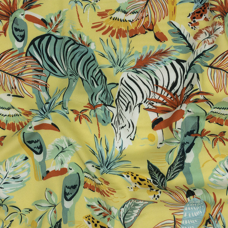 Rayon Batiste Print - Mellow Yellow, Sage and Orange Zebras and Birds - Mood Exclusive Mellow Yellow Birds of Play