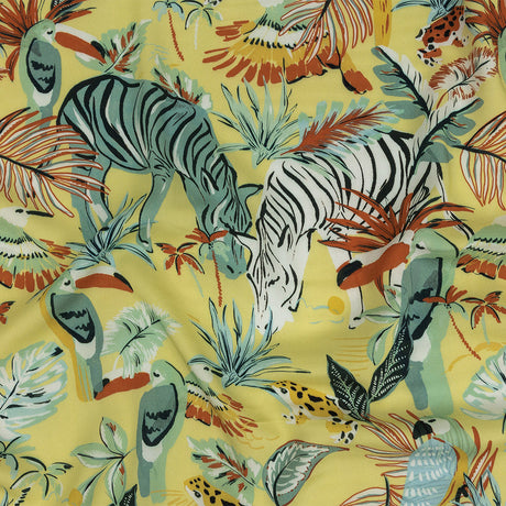 Rayon Batiste Print - Mellow Yellow, Sage and Orange Zebras and Birds - Mood Exclusive Mellow Yellow Birds of Play