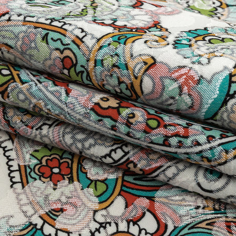 Stretch Floral Jacquard Print - Teal and Saffron Dense Paisley - Mood Exclusive Precious Paisleys