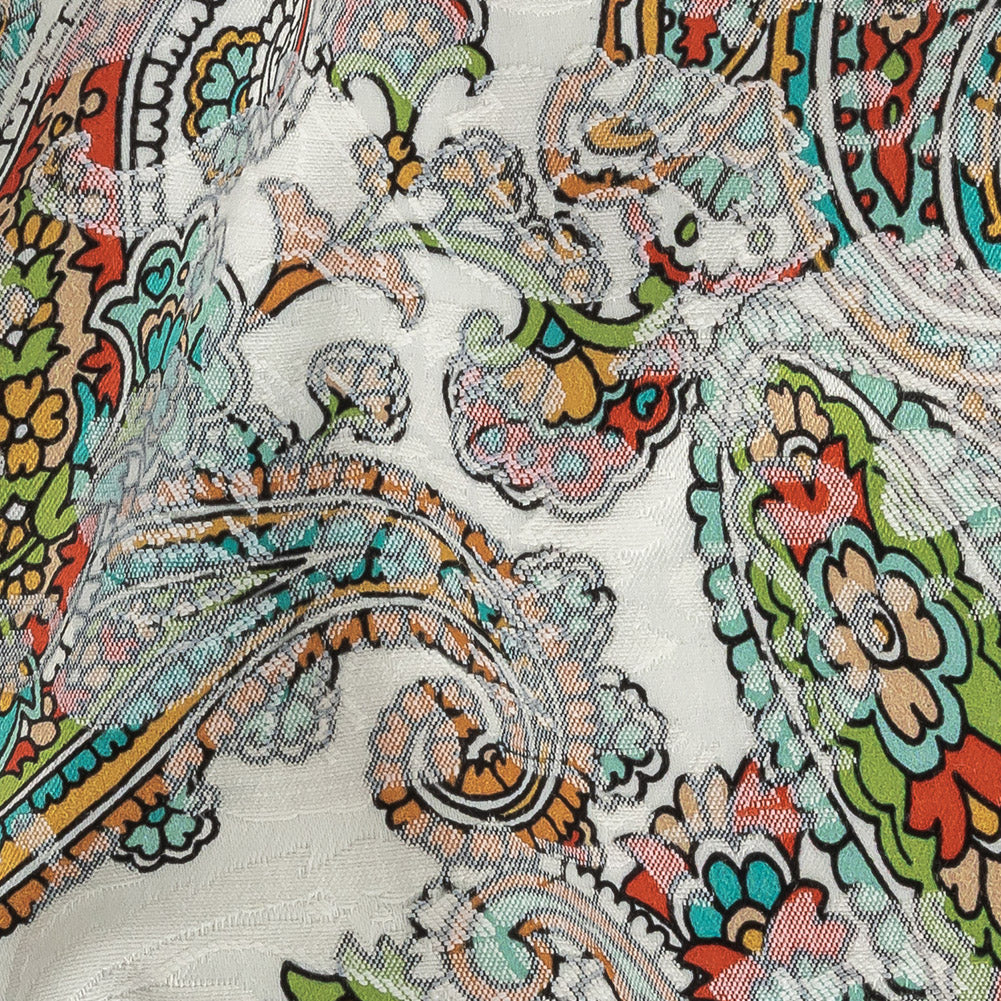 Stretch Floral Jacquard Print - Teal and Saffron Dense Paisley - Mood Exclusive Precious Paisleys