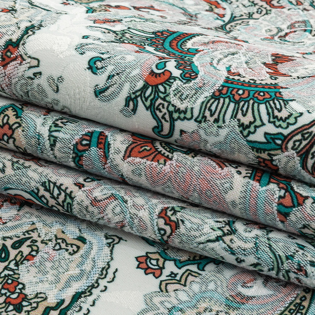 Stretch Floral Jacquard Print - Jade and Orange Ornate Medallions - Mood Exclusive Interlocking Configurations