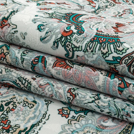 Stretch Floral Jacquard Print - Jade and Orange Ornate Medallions - Mood Exclusive Interlocking Configurations