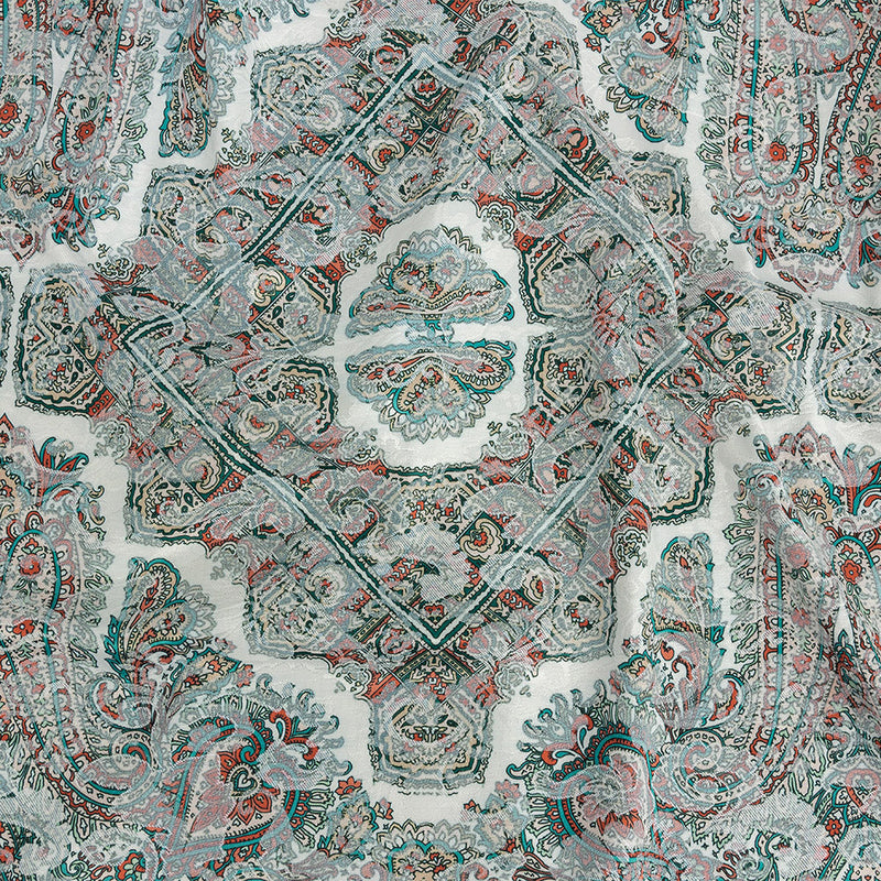 Stretch Floral Jacquard Print - Jade and Orange Ornate Medallions - Mood Exclusive Interlocking Configurations