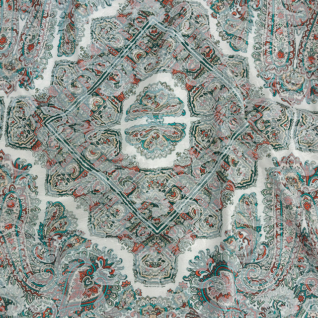 Stretch Floral Jacquard Print - Jade and Orange Ornate Medallions - Mood Exclusive Interlocking Configurations