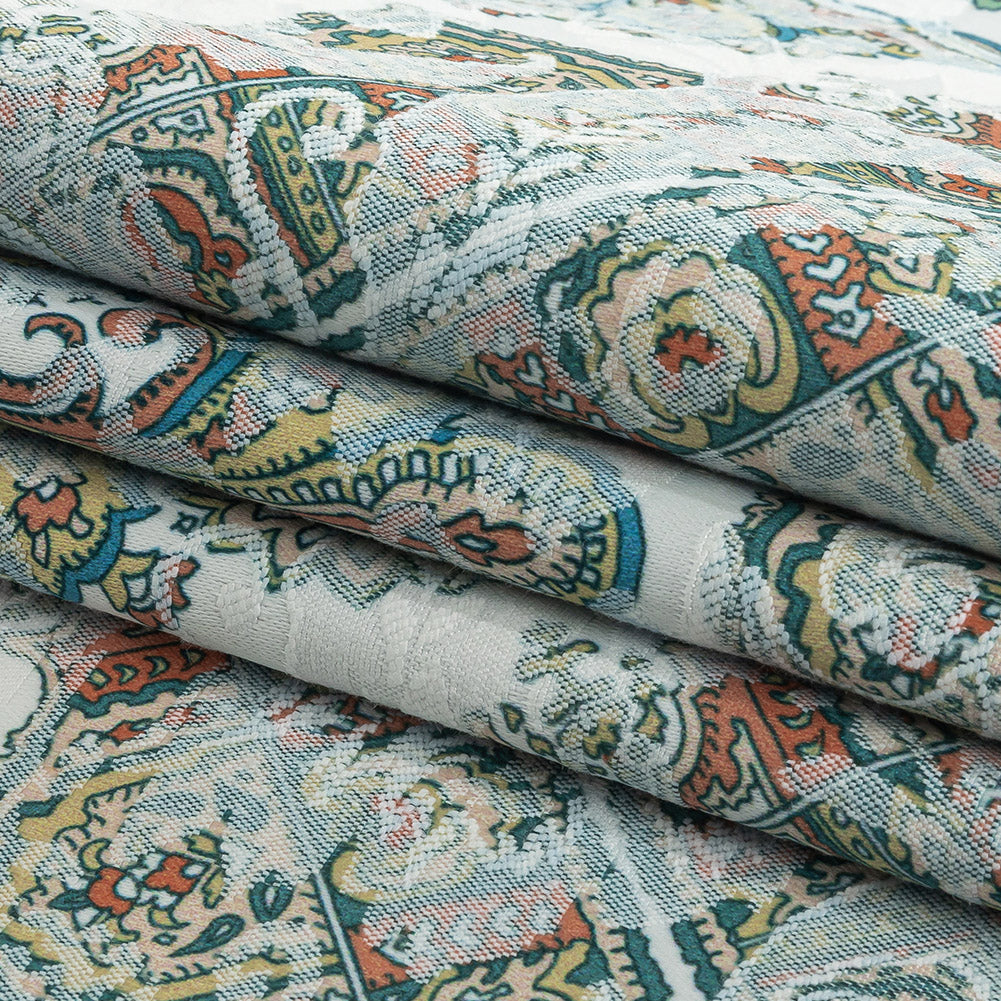 Stretch Floral Jacquard Print - Turquoise and Orange Ornate Medallions - Mood Exclusive Interlocking Configurations
