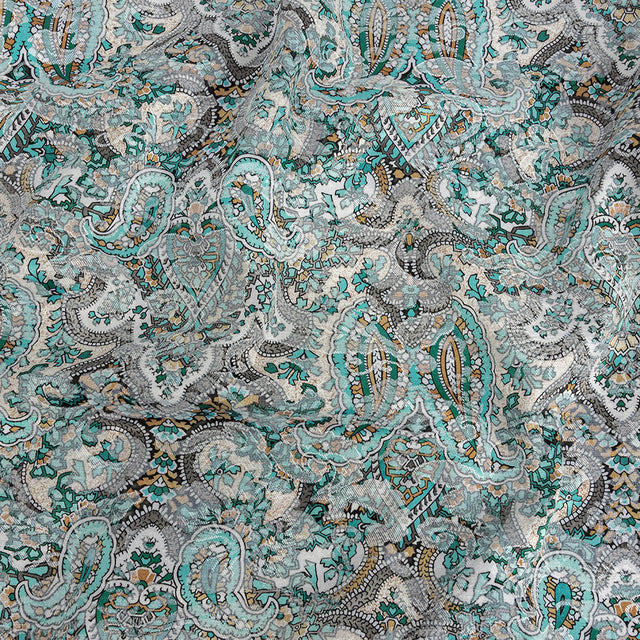 Stretch Floral Jacquard Print - Turquoise and Orange Ornate Paisley - Mood Exclusive Baroque Embellishments