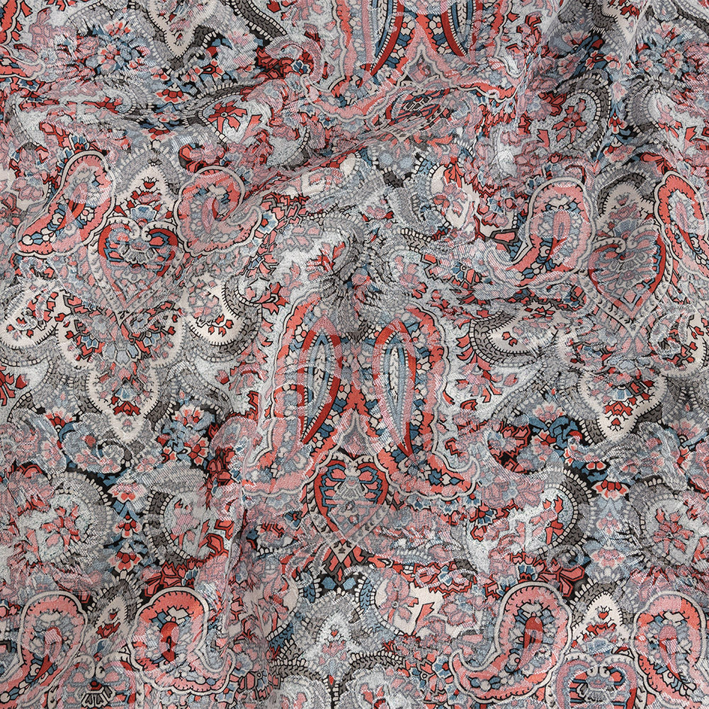 Stretch Floral Jacquard Print - Coral and Red Ornate Paisley - Mood Exclusive Baroque Embellishments