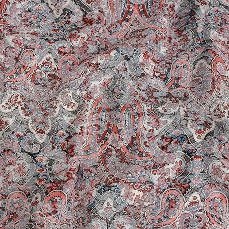 Stretch Floral Jacquard Print - Coral and Red Ornate Paisley - Mood Exclusive Baroque Embellishments