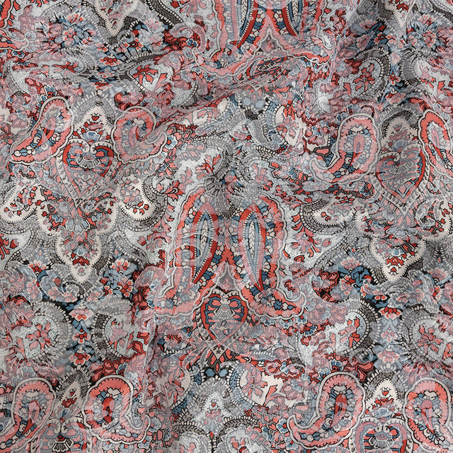 Stretch Floral Jacquard Print - Coral and Red Ornate Paisley - Mood Exclusive Baroque Embellishments