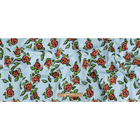 Stretch Cotton and Viscose Sateen Print - Light Blue, Red and Green Roses - Mood Exclusive Mostly Rosy