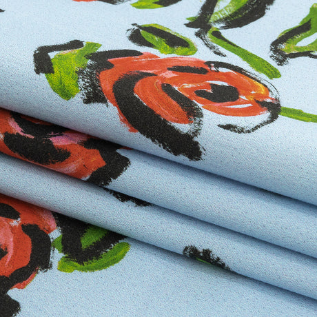 Stretch Cotton and Viscose Sateen Print - Light Blue, Red and Green Roses - Mood Exclusive Mostly Rosy