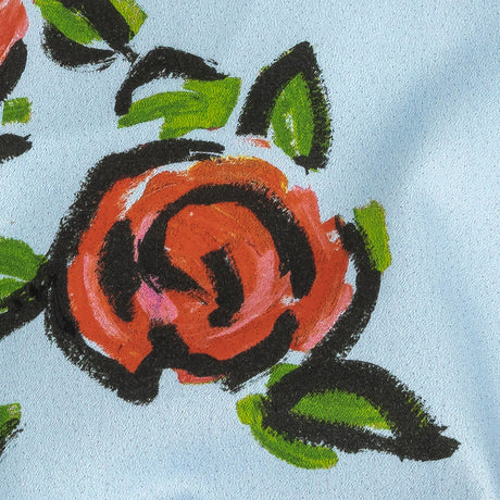 Stretch Cotton and Viscose Sateen Print - Light Blue, Red and Green Roses - Mood Exclusive Mostly Rosy