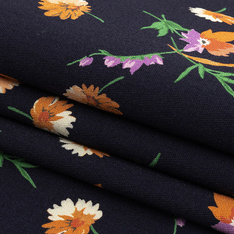 Stretch Cotton Twill Print - Midnight Navy and Orange Floral - Mood Exclusive Incandescent Waltz