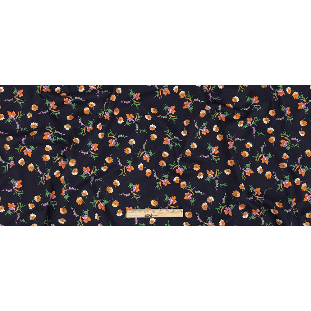 Stretch Cotton Twill Print - Midnight Navy and Orange Floral - Mood Exclusive Incandescent Waltz