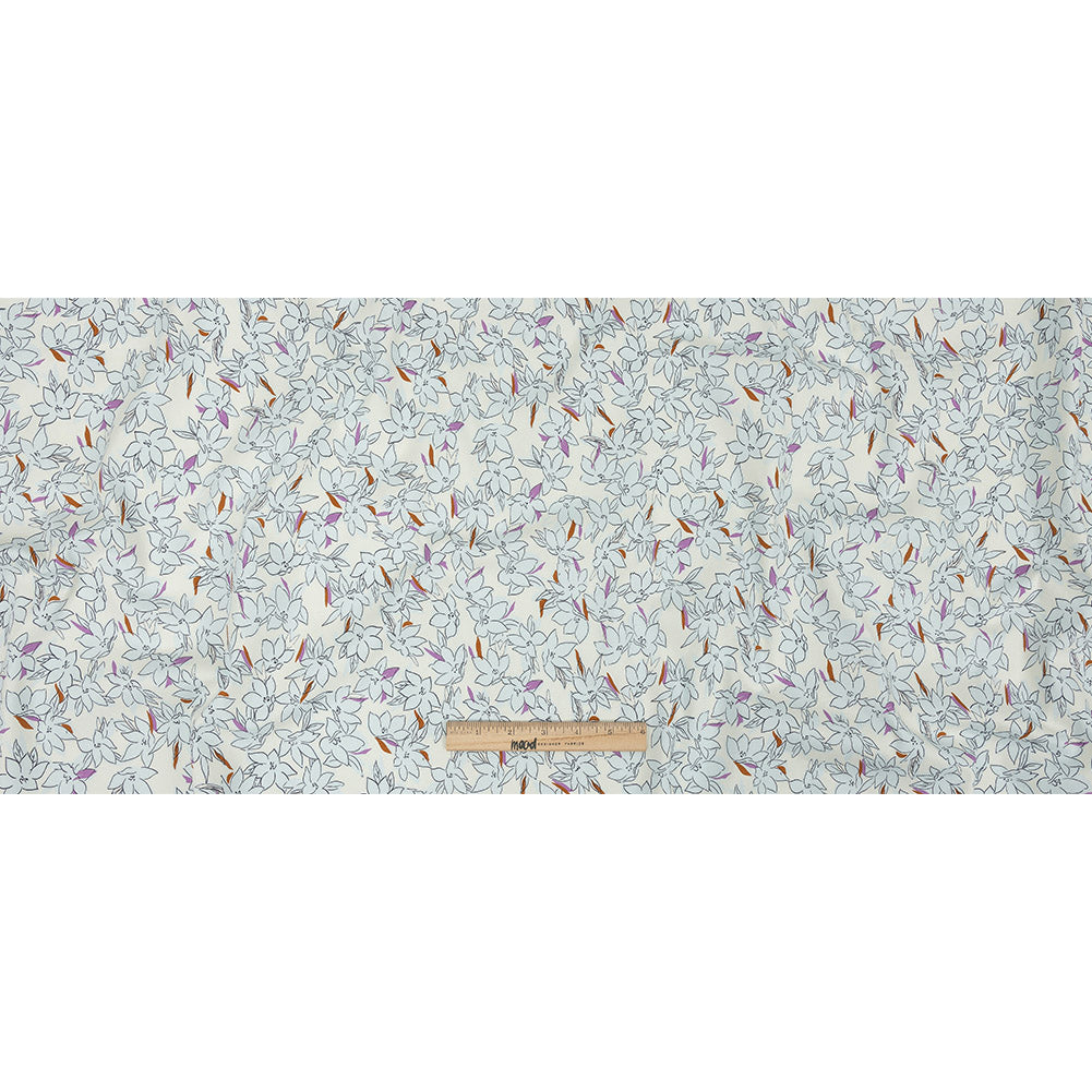 Stretch Cotton Twill Print - Ivory and Pale Blue Floral - Mood Exclusive Freesia Flock