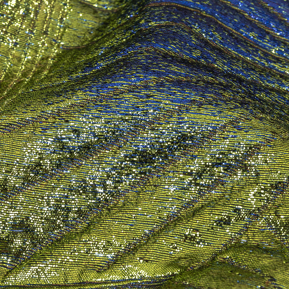 Metallic Copper, Lime and Royal Blue Fanning Rays Luxury Brocade