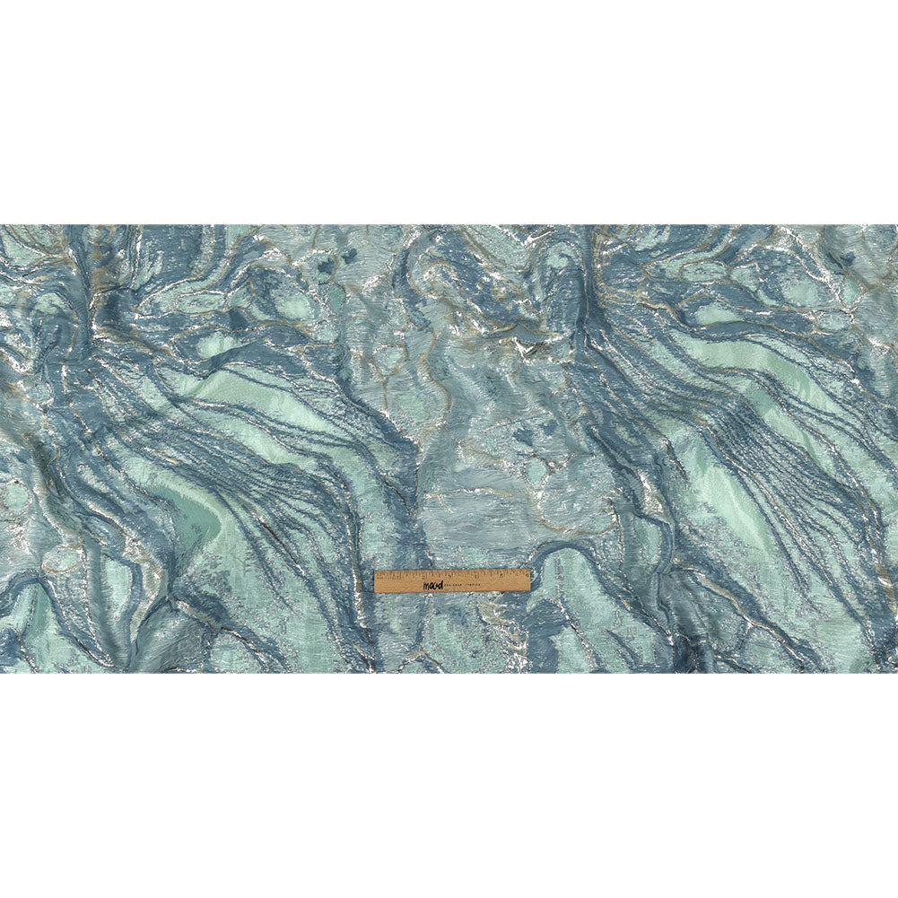 Metallic Silver, Aqua and Country Blue Marbled Luxury Brocade