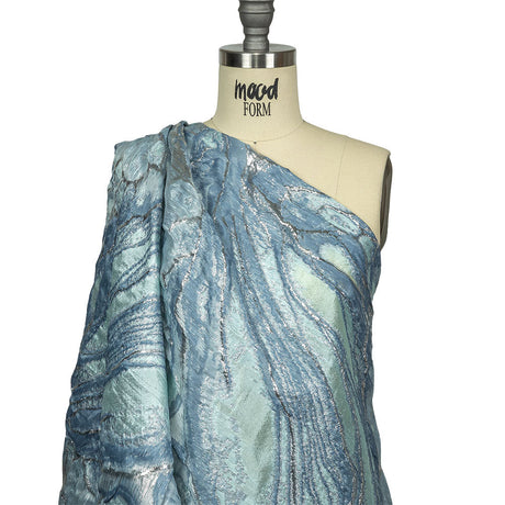 Metallic Silver, Aqua and Country Blue Marbled Luxury Brocade