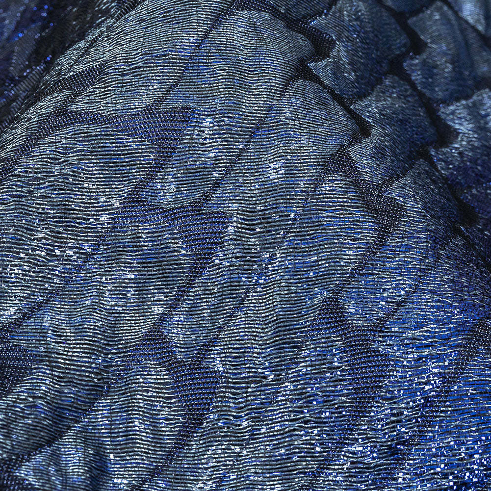 Metallic Royal Blue, Silver and Black Abstract Mosaic Luxury Brocade