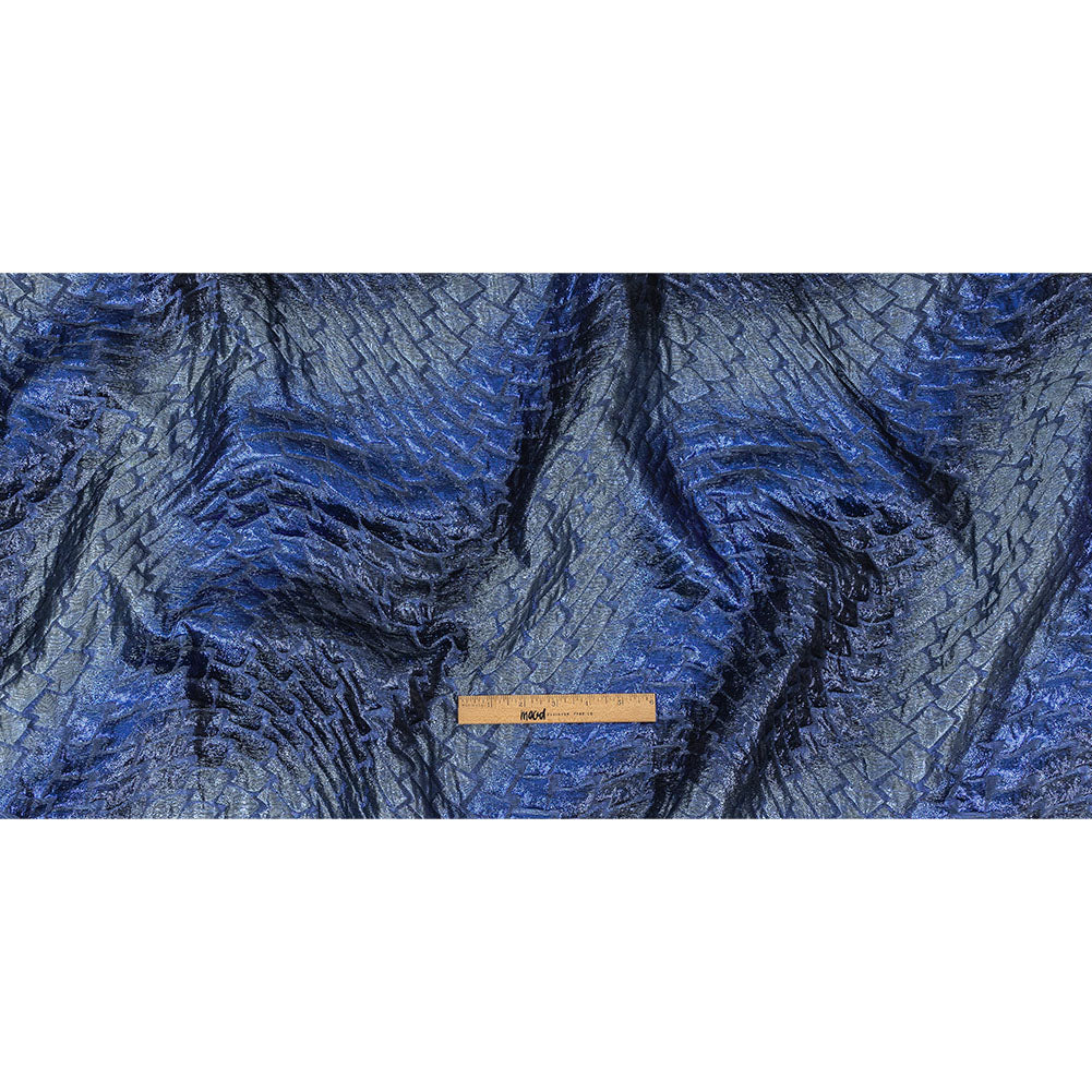 Metallic Royal Blue, Silver and Black Abstract Mosaic Luxury Brocade