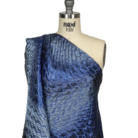 Metallic Royal Blue, Silver and Black Abstract Mosaic Luxury Brocade