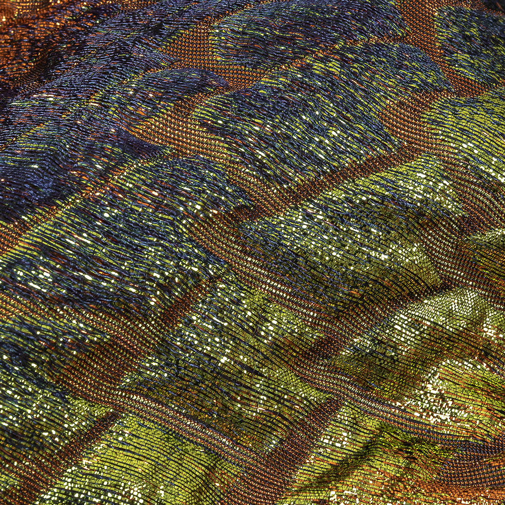 Metallic Orange, Lime and Navy Abstract Mosaic Luxury Brocade