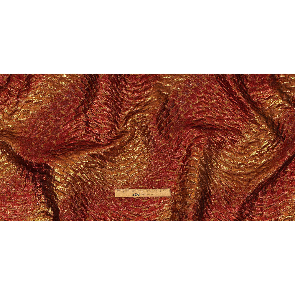 Metallic Copper, Scarlet and Wine Abstract Mosaic Luxury Brocade