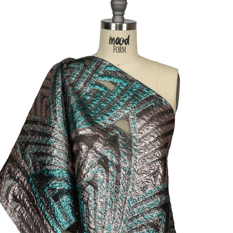 Metallic Teal and Pale Pink Abstract Sheer Luxury Burnout Brocade
