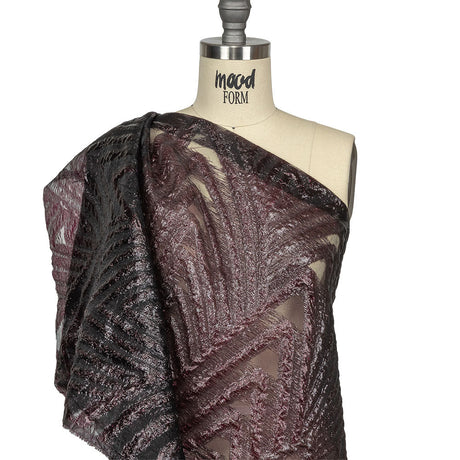 Metallic Black and Burgundy Abstract Sheer Luxury Burnout Brocade