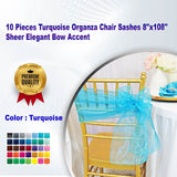 10 Pieces Turquoise Organza Chair Sashes 8"x108" Sheer Elegant Bow Accent