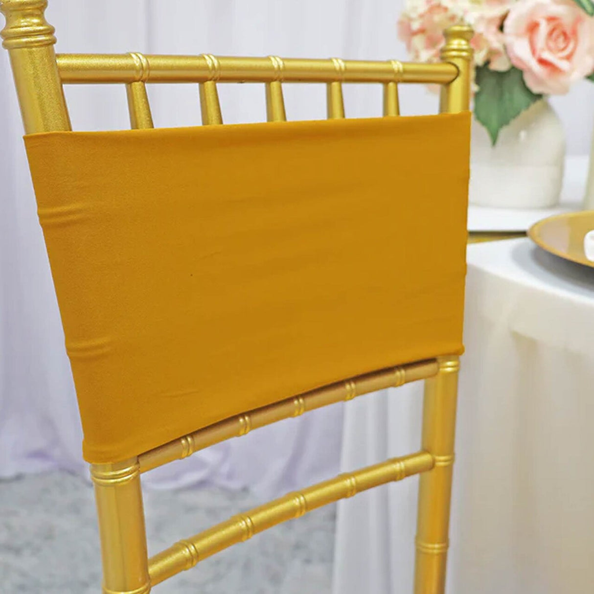 10 Pieces Gold Spandex Chair Bands Double Layered for Weddings and Events 7x13 inches