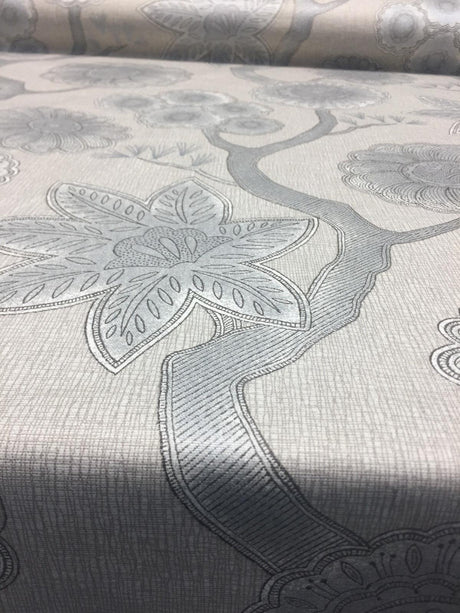 P Kaufmann Gloss Chintz Platinum Cotton Fabric - Taupe, Grey, Off-White, Metallic Silver Accents, 54" Width (1 Yard)