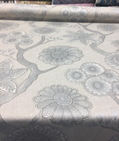 P Kaufmann Gloss Chintz Platinum Cotton Fabric - Taupe, Grey, Off-White, Metallic Silver Accents, 54" Width (1 Yard)